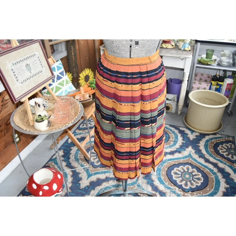 Vintage Pleated Tribal Skirt Colorful-Lined Striped Made in England Size Small